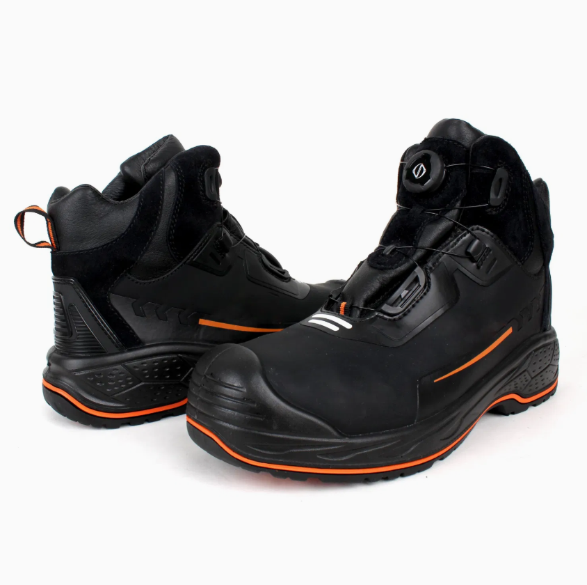 Men’s Heavy-Duty Black Safety Work Boots with High-Top Ankle Support and Orange Accent Sole