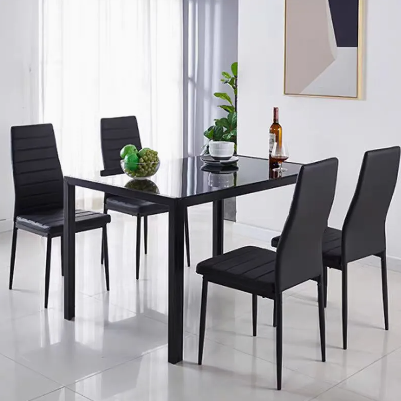 Modern Black Glass Dining Table Set with 4 Chairs