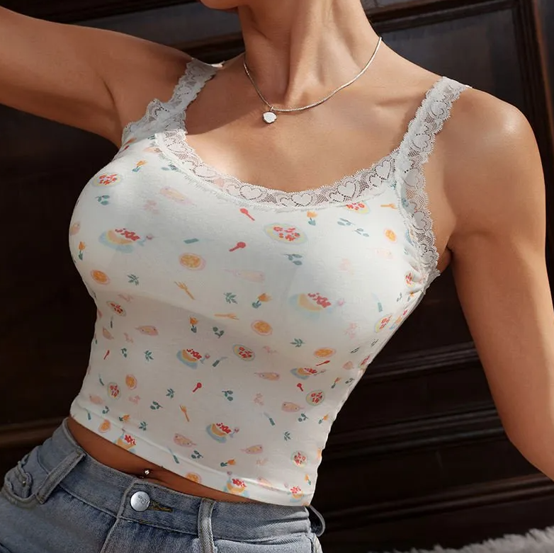 Women’s Floral Print Lace Trim Crop Top – Cute Sleeveless Casual Camisole