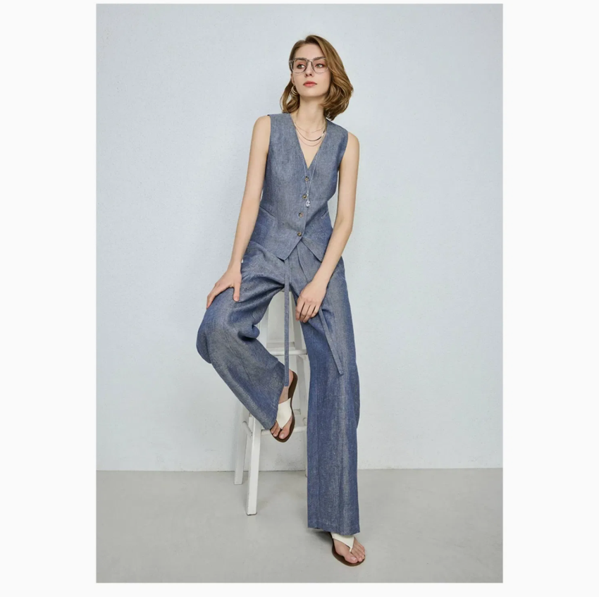 Women’s Luxury Metallic Yarn Linen Two-Piece Set – Sleeveless Vest & Wide-Leg Pants