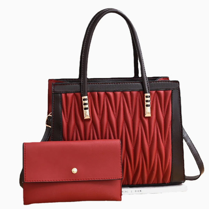 Elegant Red Quilted Top Handle Handbag with Matching Wallet