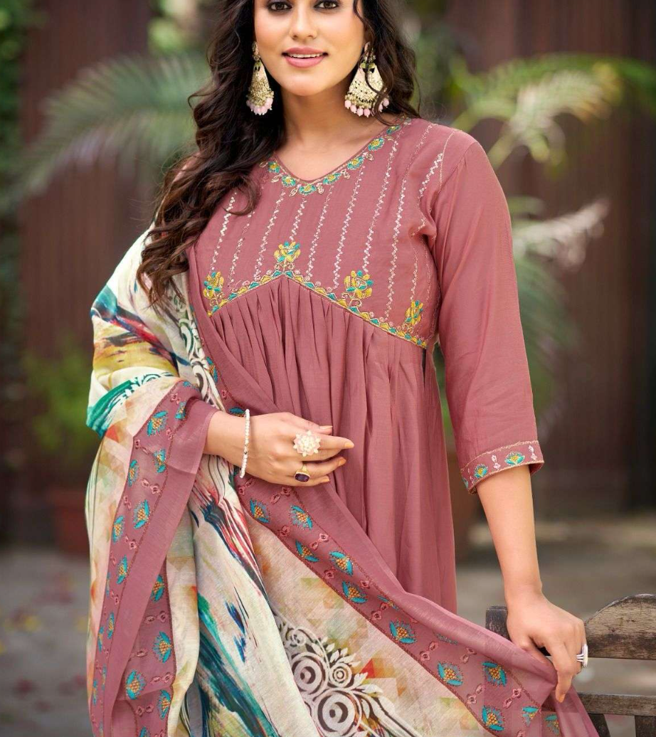 Women’s Mauve Embroidered Anarkali Kurta with Printed Dupatta – Elegant Ethnic Wear Set