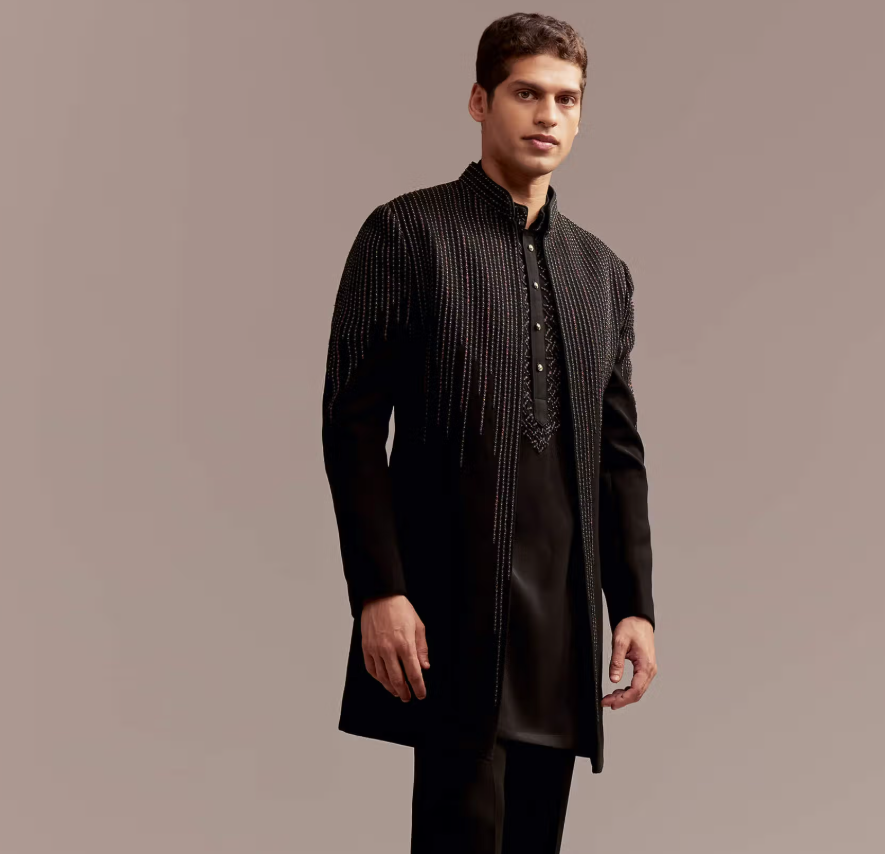 Men’s Black Embellished Kurta with Long Jacket – Elegant Traditional Ethnic Wear