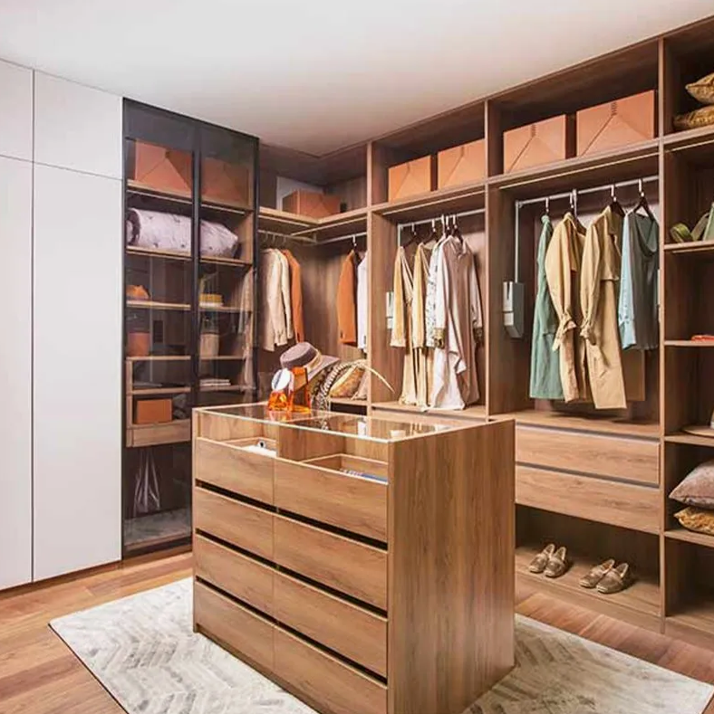 Modern Walk-In Wooden Wardrobe with Glass Display and Storage Drawers