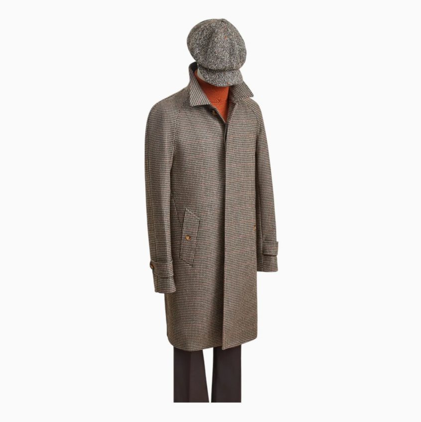 Classic Houndstooth Check Long Coat with Matching Flat Cap