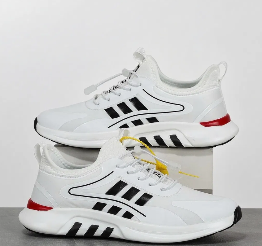 Men’s White Athletic Sneakers with Black Stripe Design and Cushioned Chunky Sole