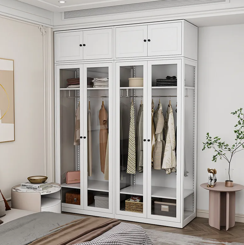 Modern White Glass Door Wardrobe with Multi-Compartment Storage