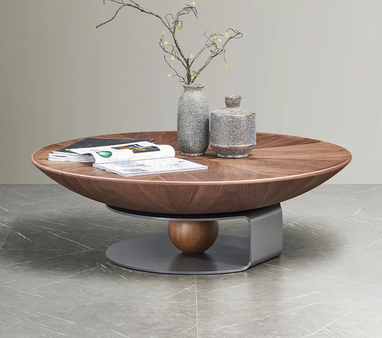 Modern Round Wooden Coffee Table with Sculptural Base