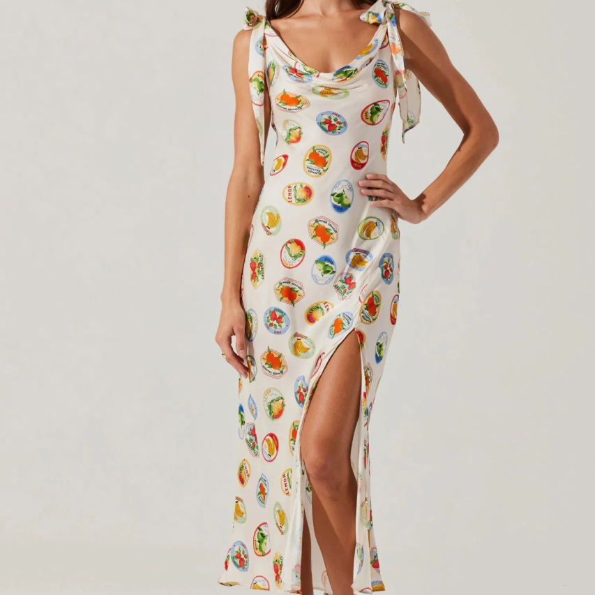 Women’s White Fruit Print Tie-Strap Maxi Dress – Stylish High-Slit Summer Dress