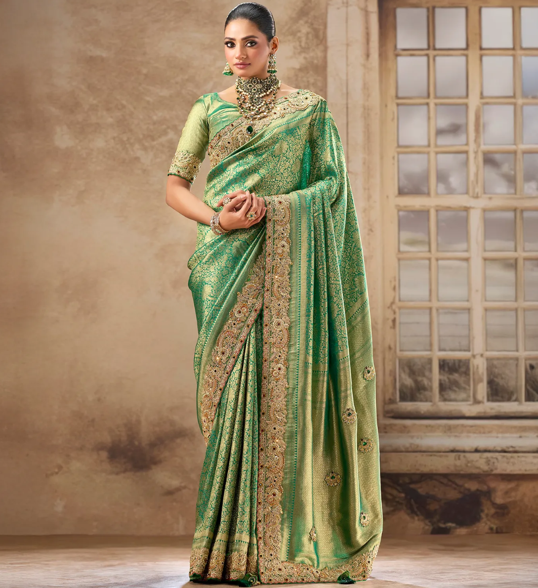 Women’s Elegant Green Embroidered Silk Saree – Premium Traditional Ethnic Wear