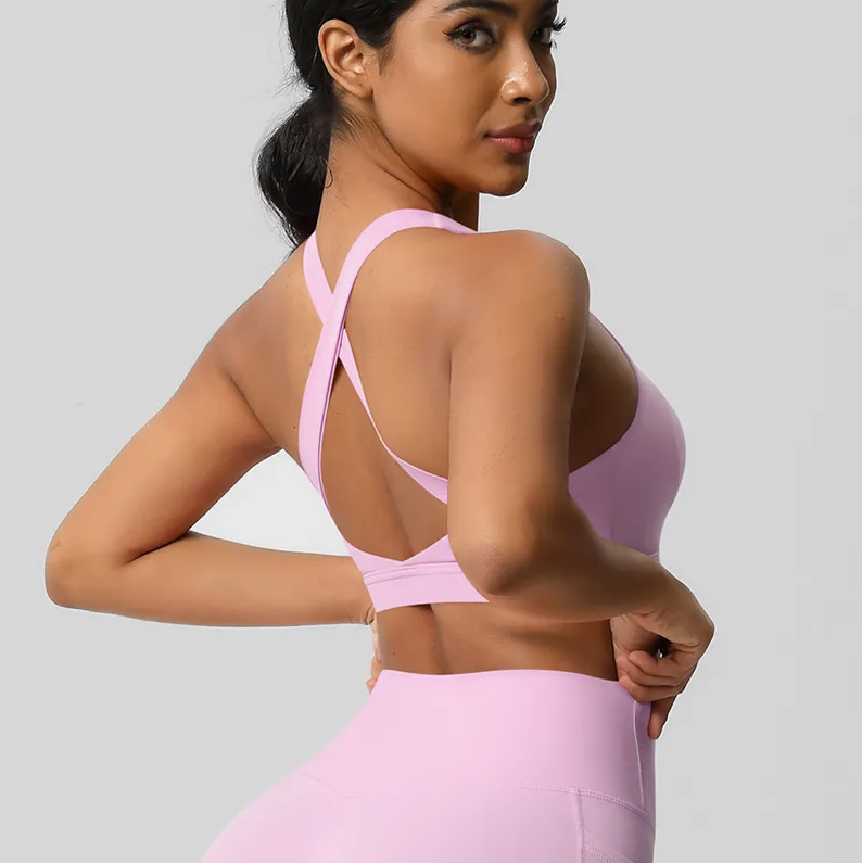 Women’s Pink Criss-Cross Back Sports Bra – Stylish High-Waist Yoga & Workout Set