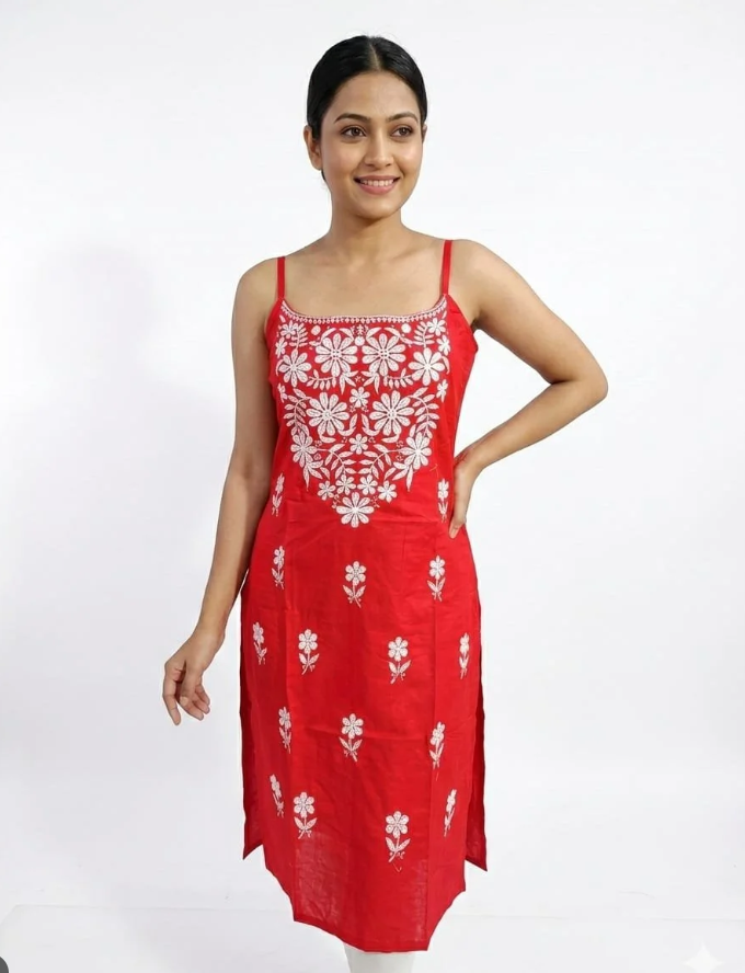 Women’s Red Floral Embroidered Sleeveless Midi Dress – Stylish Casual Summer Wear