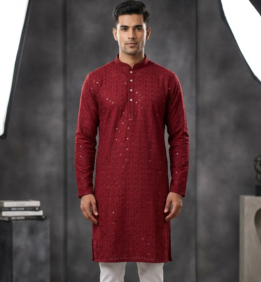 Men’s Maroon Embellished Kurta – Elegant Festive & Traditional Ethnic Wear
