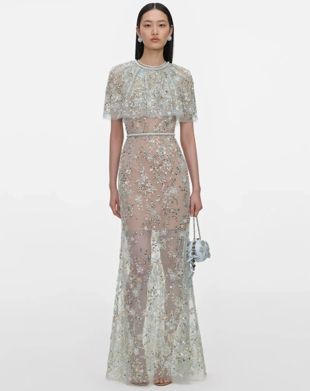Women’s Embellished Sheer Embroidered Gown – Elegant Short Sleeve Evening Maxi Dress